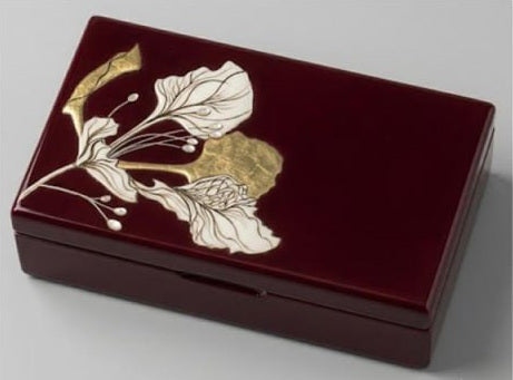Crimson Bloom lidded box: red lacquer with a mother-of-pearl flower and gold leaf