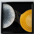 Eclipse square tray: grey-blue shell and gold discs on black lacquer