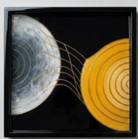 Eclipse square tray: grey-blue shell and gold discs on black lacquer